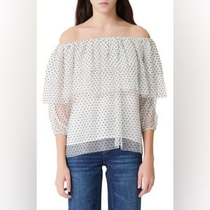Maje off shoulder ruffled dotted mesh top
